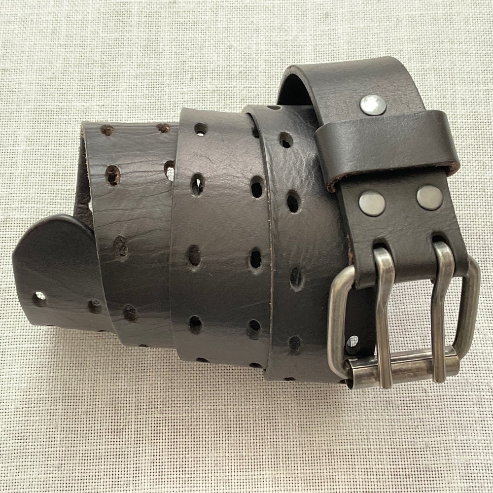 Black Genuine Leather Double Hole Prong Metal Roller Buckle Belt Size 40/100